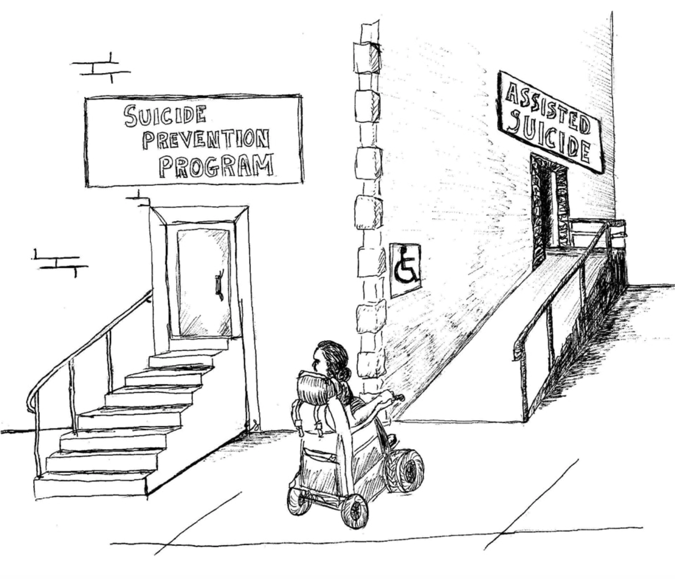 Cartoon drawing of wheelchair user looking at stairs to a suicide prevention door while pointed to an access ramp to an assisted suicide door.